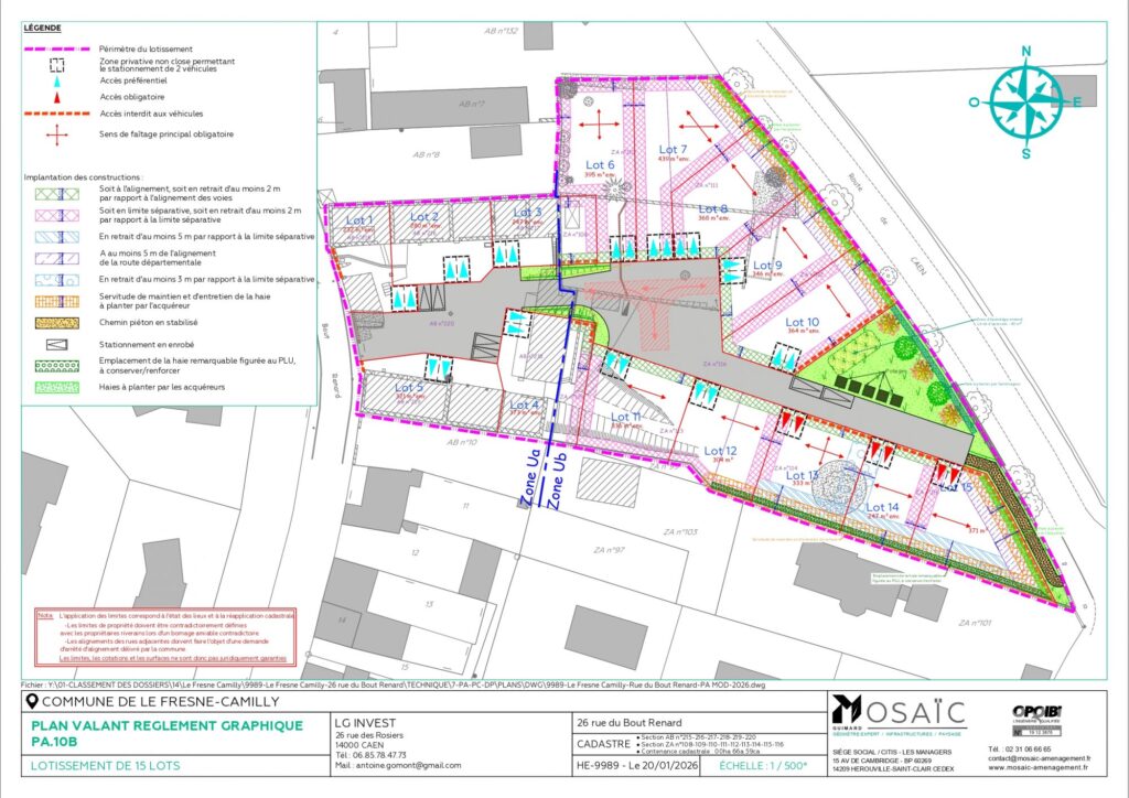 Plan de lotissement réglementaire à Le Fresne-Camilly, 15 lots avec légende et accès