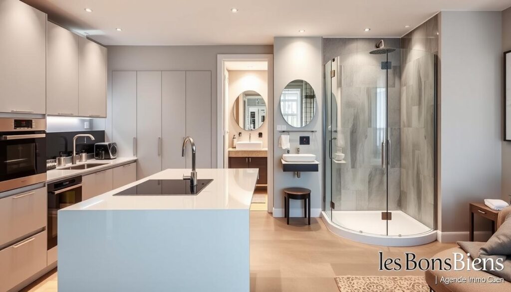 A beautifully arranged modern kitchen connected to a stylish bathroom, showcasing seamless design elements and high-quality finishes. In the foreground, a sleek kitchen island with built-in appliances and elegant cabinetry, complemented by ambient soft lighting that creates a warm atmosphere. In the middle, an inviting bathroom featuring a contemporary sink, polished tiles, and a spacious shower, designed with carefully selected decor and accessories. The background includes subtle hints of Normandy architecture, incorporating classic and modern elements to reflect the charm of Caen. The image captures a sense of luxury and practicality, perfect for showcasing the layout of a stylish apartment. No text or watermarks. Brand mention: "Les BonsBiens Agence Immo Caen."