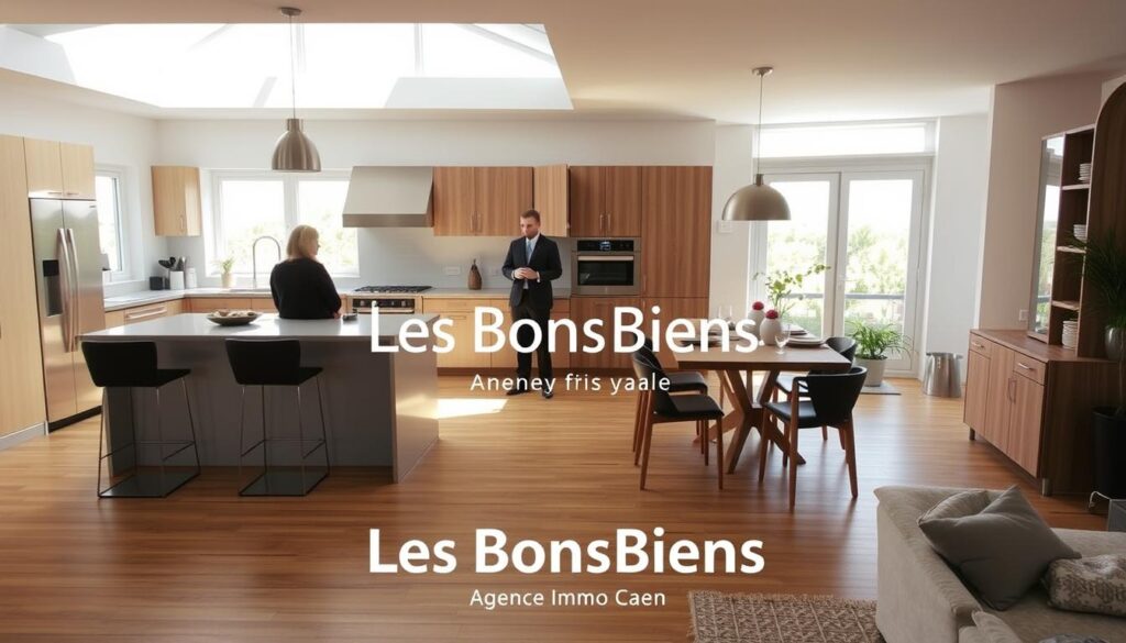A bright and airy open kitchen design situated in an independent apartment, showcasing modern Normandy architecture. In the foreground, a sleek island with bar stools invites conversation, while a minimalist dining area features a wooden table set for a meal. The middle of the scene includes custom cabinetry with stainless steel appliances, a harmonious blend of functionality and style. Natural light pours in from large windows, illuminating the space and enhancing the warm tones of the wooden floors and cabinetry. In the background, a professional real estate agent in smart attire is engaging with clients, emphasizing the concept of valuing the home. The atmosphere is inviting and sophisticated, reflecting an ideal setting for making an informed real estate decision. The branding "Les BonsBiens Agence Immo Caen" subtly integrated into the design elements.