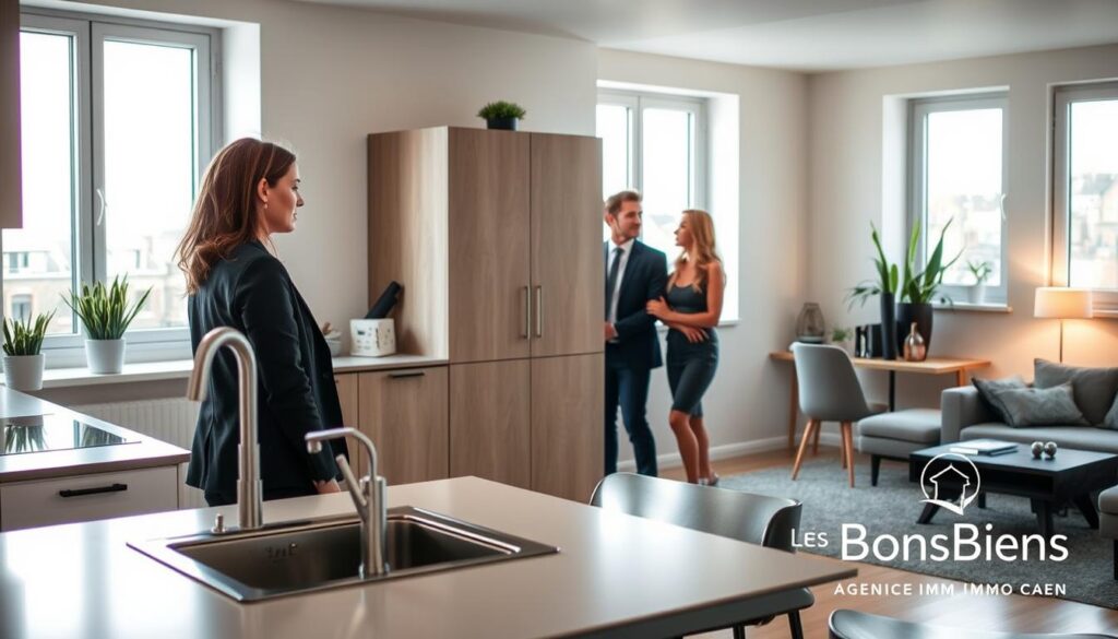 A bright and inviting kitchen corner within a modern studio apartment in Caen, Normandy. In the foreground, a sleek countertop with stainless steel appliances and stylish bar stools, creating a cozy atmosphere. The middle ground features a professional real estate agent in business attire speaking with a couple, both looking engaged and thoughtful about their choices. The background showcases large windows allowing natural light to flood the space, highlighting the contemporary design elements such as minimalist cabinetry and decorative plants. Soft, warm lighting enhances the feel of comfort and professionalism. Overall, the scene conveys an atmosphere of practicality and elegance, fitting for a discussion on essential criteria for choosing a studio. Include a subtle logo of "Les BonsBiens Agence Immo Caen" in the corner to emphasize the real estate expertise.