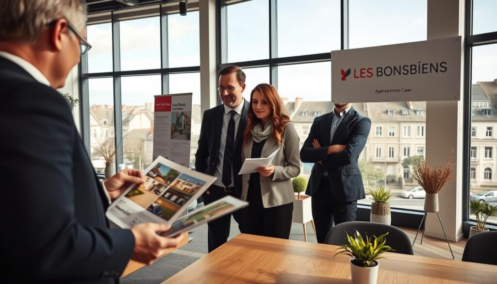 A bustling real estate office in Caen, Normandy, features a professional real estate agent in smart business attire consulting with clients. The scene is set in a modern, well-lit office with large windows showcasing panoramic views of traditional Normandy architecture outside. The foreground captures the agent gesturing towards a property brochure, while the clients, a couple, attentively listen and take notes, exuding a sense of engagement and trust. In the background, tasteful decor and a large banner display the brand name "Les BonsBiens Agence Immo Caen". The lighting is warm and inviting, suggesting a friendly and personal approach to real estate. Use a wide-angle lens for depth, focusing on the interaction while keeping the architectural elements subtle yet prominent, encapsulating the theme of personalized support in real estate transactions. A bustling real estate office in Caen, Normandy, features a professional real estate agent in smart business attire consulting with clients. The scene is set in a modern, well-lit office with large windows showcasing panoramic views of traditional Normandy architecture outside. The foreground captures the agent gesturing towards a property brochure, while the clients, a couple, attentively listen and take notes, exuding a sense of engagement and trust. In the background, tasteful decor and a large banner display the brand name "Les BonsBiens Agence Immo Caen". The lighting is warm and inviting, suggesting a friendly and personal approach to real estate. Use a wide-angle lens for depth, focusing on the interaction while keeping the architectural elements subtle yet prominent, encapsulating the theme of personalized support in real estate transactions.