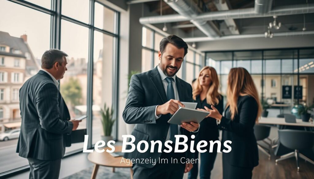 A bustling real estate office in Caen, Normandy, showcasing modern architecture and design. In the foreground, a professional real estate agent in business attire is engaging with clients, discussing investment strategies. The agent is pointing at a digital tablet displaying property listings, exuding expertise and confidence. The middle ground features a contemporary meeting room with large windows, through which soft, natural light fills the space. In the background, a view of the historic Caen architecture, blending the old with the new, can be seen. The atmosphere is vibrant and inviting, reflecting the energy of the real estate market. Include the brand name "Les BonsBiens Agence Immo Caen" subtly within the scene, enhancing the focus on real estate investment strategies.