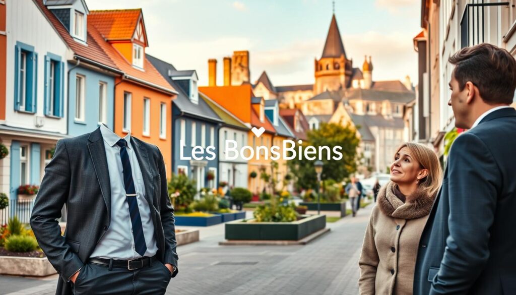 A bustling street scene in one of the attractive neighborhoods of Caen, showcasing modern Normandy architecture. In the foreground, a professional real estate agent in a smart suit is engaged in conversation with a couple, both dressed in modest casual attire, discussing real estate opportunities. The middle ground features charming residential buildings with vibrant colors and well-maintained gardens, indicative of the sought-after areas in Caen. In the background, softly lit by the warm afternoon sun, historical landmarks are visible, creating a beautiful contrast with the modern architecture. The atmosphere is inviting and dynamic, capturing the essence of a thriving real estate market. The brand name "Les BonsBiens Agence Immo Caen" is subtly incorporated into the scene, enhancing the professional feel.