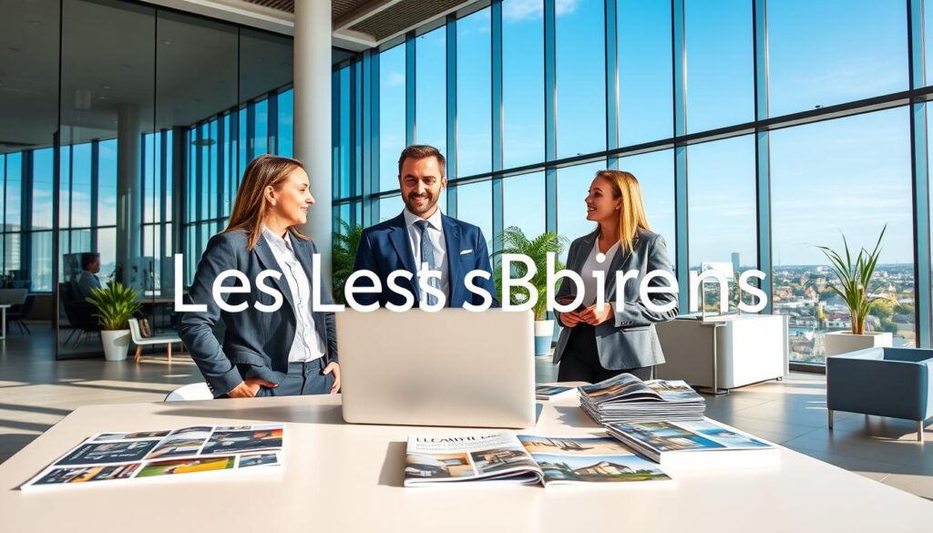 A contemporary real estate office in Caen, Normandy, showcasing modern architecture with large glass windows reflecting the sky. In the foreground, a professional real estate agent in smart business attire is engaging with two potential clients, displaying a friendly and welcoming demeanor. The middle ground features a large desk with a sleek laptop open, and various property brochures neatly arranged. The background highlights a stylish reception area with modern décor, indoor plants, and a city skyline view visible through the window. The atmosphere is bright and inviting, illuminated by natural light streaming in, creating a warm and professional mood. "Les BonsBiens Agence Immo Caen" logo subtly incorporated into the environment without any text overlays.