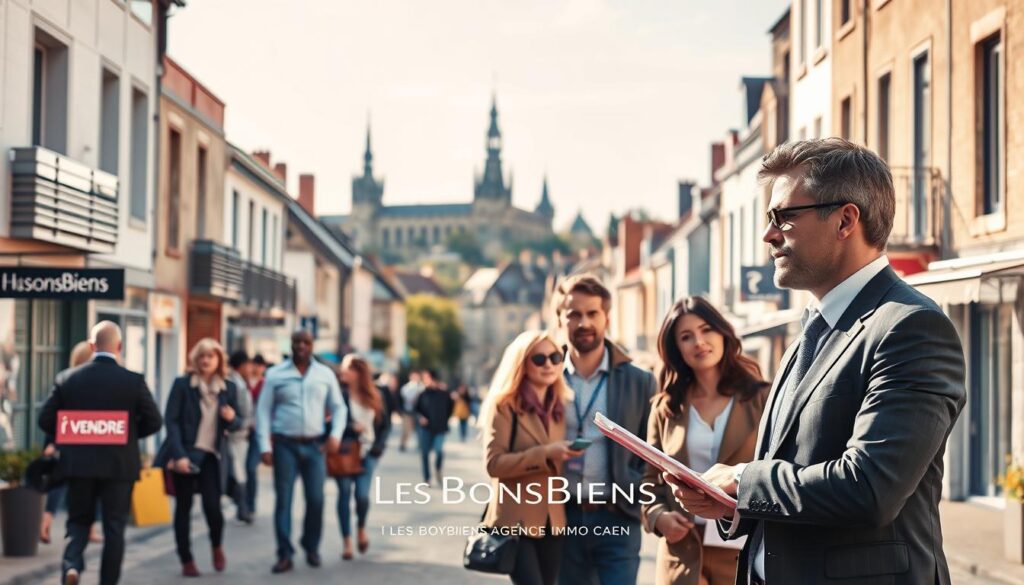 A contemporary real estate scene in Caen, showcasing modern architectural designs and charming Normandy-style homes. In the foreground, a professional real estate agent in a smart business suit interacts with a diverse group of clients, discussing property details. The middle ground features a bustling street with "À Vendre" signs and inviting façades of houses, hinting at the vibrant real estate market. In the background, the historic landmarks of Caen create a picturesque skyline under soft, natural lighting, suggesting a sunny day. The atmosphere is warm and inviting, capturing the essence of community and opportunity in the housing market. Prompt includes branding for "Les BonsBiens Agence Immo Caen" to emphasize local expertise. A contemporary real estate scene in Caen, showcasing modern architectural designs and charming Normandy-style homes. In the foreground, a professional real estate agent in a smart business suit interacts with a diverse group of clients, discussing property details. The middle ground features a bustling street with "À Vendre" signs and inviting façades of houses, hinting at the vibrant real estate market. In the background, the historic landmarks of Caen create a picturesque skyline under soft, natural lighting, suggesting a sunny day. The atmosphere is warm and inviting, capturing the essence of community and opportunity in the housing market. Prompt includes branding for "Les BonsBiens Agence Immo Caen" to emphasize local expertise.