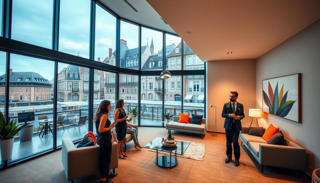 A contemporary real estate setting in Caen, Normandy, featuring recently renovated properties showcased in an elegant meeting space. In the foreground, a professional real estate agent in smart business attire engaged in discussions with clients, who are attentively reviewing property listings. The middle ground showcases a stylish modern apartment with large windows, sleek furniture, and vibrant decor, highlighting the charm of renovated interiors. The background features the picturesque architecture of the Caen cityscape, emphasizing a blend of historic and contemporary styles. Soft, warm lighting enhances the welcoming atmosphere, while a wide-angle shot captures the spaciousness of the environment. Include a subtle branding logo for "Les BonsBiens Agence Immo Caen" in the image, enhancing its professional appeal without distracting from the main focus.