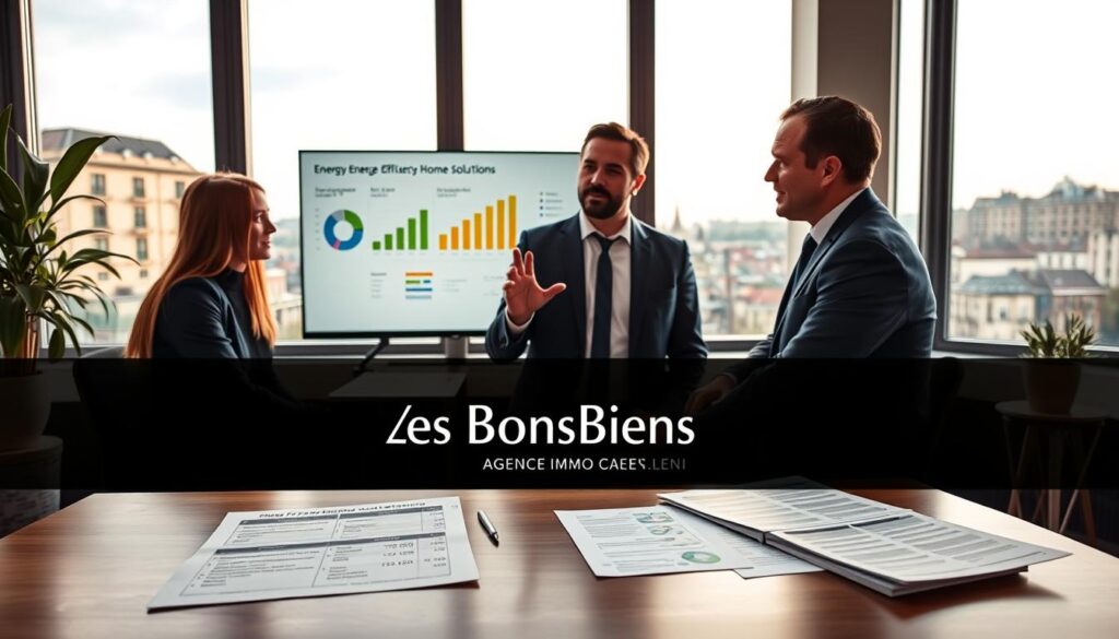 A detailed and professional setting showcasing a real estate agent in modern business attire discussing energy efficiency and expenses with clients in a stylish office environment. The foreground features a sleek, contemporary desk with documents displaying energy bills and eco-friendly home solutions. In the middle, the agent gestures towards a digital screen illustrating charts and graphics about energy consumption and savings. The background captures the essence of Normandy architecture, with large windows revealing a glimpse of Caen’s cityscape. Soft, natural lighting illuminates the scene, creating a welcoming and informative atmosphere. The brand name "Les BonsBiens Agence Immo Caen" subtly integrated into the office setting, emphasizing expertise in real estate.