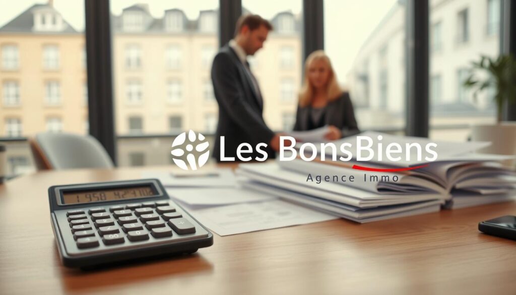 A detailed and well-designed calculator for calculating notary fees, prominently displayed on a clean wooden desk. In the foreground, focus on the calculator with keys clearly labeled, alongside a stack of documents related to real estate transactions. The middle ground features a professional real estate agent in business attire, engaged in a discussion with clients, who are examining the paperwork. Behind them, large windows reveal a modern building in Caen, Normandy, conveying a sense of local architecture and professionalism. Soft, natural light filters through the windows, creating a warm and inviting atmosphere. The overarching mood is one of trust and expertise in real estate matters. The logo of "Les BonsBiens Agence Immo Caen" is subtly integrated into the scene, enhancing the professional context without overwhelming the main focus.