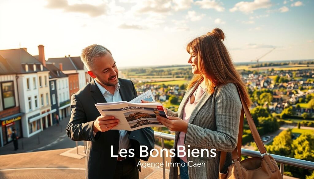 A detailed comparison image of Caen and its surroundings, showcasing modern real estate. In the foreground, a professional real estate agent in business attire is engaged in a conversation with a couple, pointing towards a stylish property brochure. The middle ground features a vibrant street with a mix of contemporary buildings and classic Normandy architecture, emphasizing Caen’s unique charm. The background displays a scenic view of the rolling hills and lush greenery surrounding the city, highlighting local parks and residential areas. The lighting is warm and inviting, with a golden hour glow creating a hopeful atmosphere. Capture this in a high-angle shot to provide depth, clarity, and dimension. Include a soft-focus rendering of the brand name "Les BonsBiens Agence Immo Caen" subtly in the lower corner for brand recognition, ensuring it blends seamlessly into the composition.