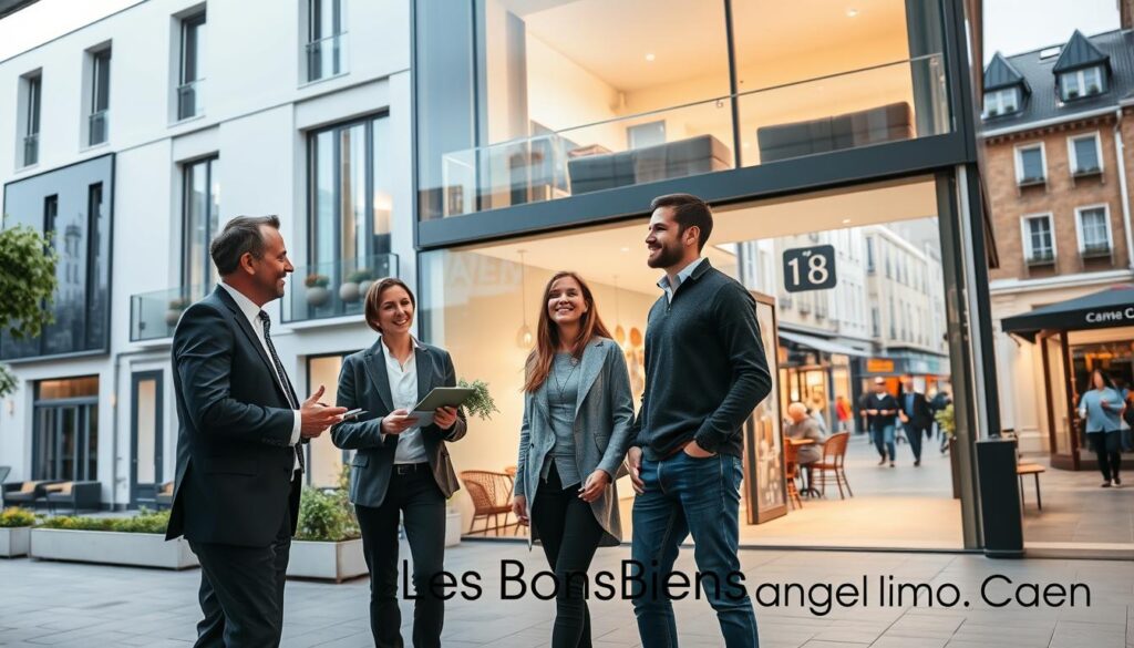 A harmonious real estate scene in Caen's vibrant city center, showcasing a modern apartment building with sleek Normandy architecture. In the foreground, a professional real estate agent dressed in business attire is engaged in a discussion with a young couple, highlighting the benefits of the "Cadre Vie" offer. The couple, dressed in modest casual clothing, appears optimistic and engaged. The middle ground features a stylish apartment interior that conveys comfort and modern living, with large windows allowing soft, natural light to fill the space. In the background, the lively urban landscape of Caen complements the scene, with quaint cafés and bustling streets. The atmosphere is inviting and professional, capturing the essence of urban living. At the bottom, subtly integrated, include the brand name "Les BonsBiens Agence Immo Caen."