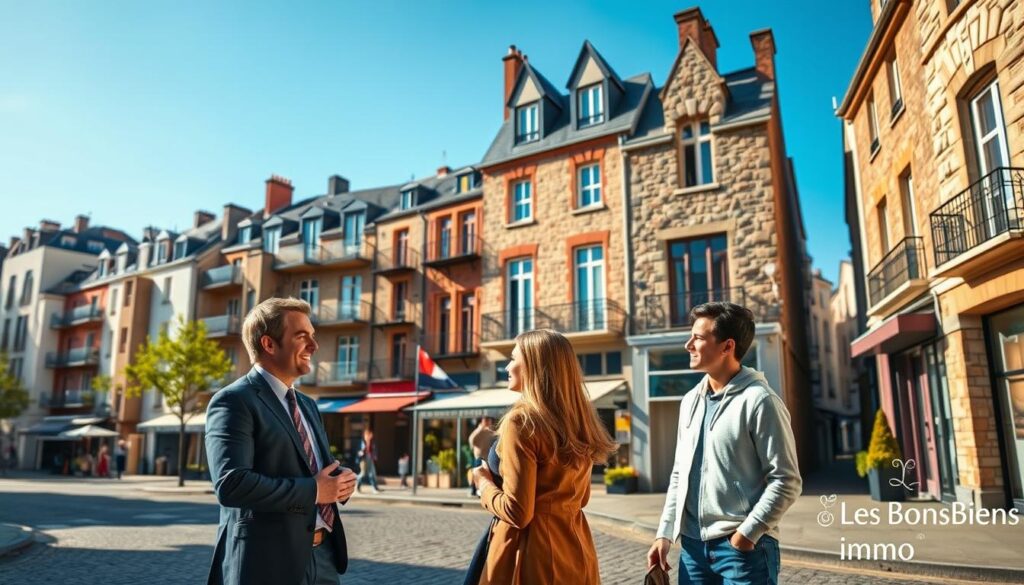 A lively street scene showcasing diverse real estate properties in Caen, Normandy, depicting modern and historic architecture. In the foreground, a professional real estate agent in business attire is engaged in a friendly conversation with a couple, both dressed in smart casual clothing, discussing potential apartments. The middle ground features a mix of apartment buildings and charming townhouses, blending contemporary designs with traditional stone facades. In the background, a clear blue sky and sunlit streets enhance the welcoming atmosphere. Use warm, natural lighting to create an inviting mood, with a slight focus on the characters to emphasize flexibility in real estate options. Include a subtle watermark of "Les BonsBiens Agence Immo Caen" in the corner. A lively street scene showcasing diverse real estate properties in Caen, Normandy, depicting modern and historic architecture. In the foreground, a professional real estate agent in business attire is engaged in a friendly conversation with a couple, both dressed in smart casual clothing, discussing potential apartments. The middle ground features a mix of apartment buildings and charming townhouses, blending contemporary designs with traditional stone facades. In the background, a clear blue sky and sunlit streets enhance the welcoming atmosphere. Use warm, natural lighting to create an inviting mood, with a slight focus on the characters to emphasize flexibility in real estate options. Include a subtle watermark of "Les BonsBiens Agence Immo Caen" in the corner.