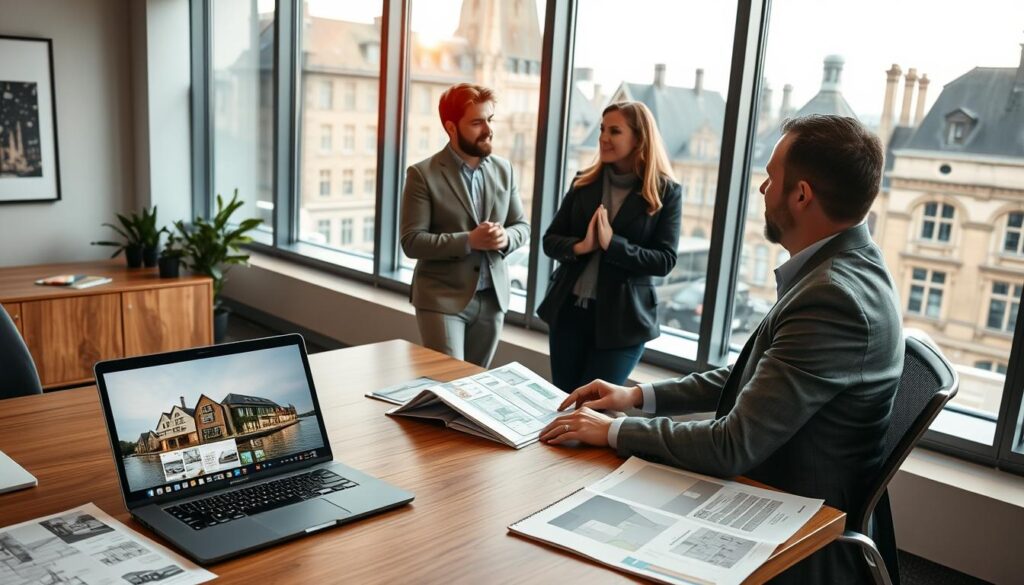 A modern and inviting office scene featuring a professional real estate agent wearing a smart business suit, seated at a sleek wooden desk filled with architectural plans and property brochures. In the foreground, a laptop displays images of Caen's real estate market. In the middle, two clients, a young couple, appear engaged in discussion with the agent, showcasing friendly gestures and expressions of interest. The background showcases a large window with a view of beautiful Normandy architecture and historic buildings in Caen, bathed in warm, natural light filtering through. The atmosphere is dynamic yet professional, emphasizing the theme of investing in real estate. Incorporate subtle branding elements reflecting “Les BonsBiens Agence Immo Caen” in the office decor to enhance the narrative. A modern and inviting office scene featuring a professional real estate agent wearing a smart business suit, seated at a sleek wooden desk filled with architectural plans and property brochures. In the foreground, a laptop displays images of Caen's real estate market. In the middle, two clients, a young couple, appear engaged in discussion with the agent, showcasing friendly gestures and expressions of interest. The background showcases a large window with a view of beautiful Normandy architecture and historic buildings in Caen, bathed in warm, natural light filtering through. The atmosphere is dynamic yet professional, emphasizing the theme of investing in real estate. Incorporate subtle branding elements reflecting “Les BonsBiens Agence Immo Caen” in the office decor to enhance the narrative.
