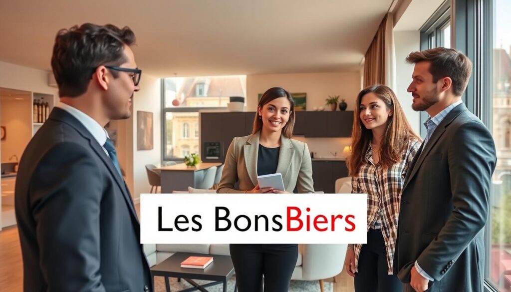 A modern apartment in Caen, showcasing characteristics typical of properties for sale in the city center. In the foreground, a professional real estate agent in smart business attire is engaged with a young couple, discussing features such as spacious living areas, contemporary kitchens, and large windows. The middle layer features stylishly decorated interiors, highlighting elements like sleek furniture and vibrant decor, all bathed in warm, natural light filtering through the windows. In the background, iconic Normandy architecture can be glimpsed, adding a sense of place and charm. The overall atmosphere is inviting and professional, conveying a sense of opportunity and comfort. Include the brand name "Les BonsBiens Agence Immo Caen" subtly within the scene, not as a text overlay.