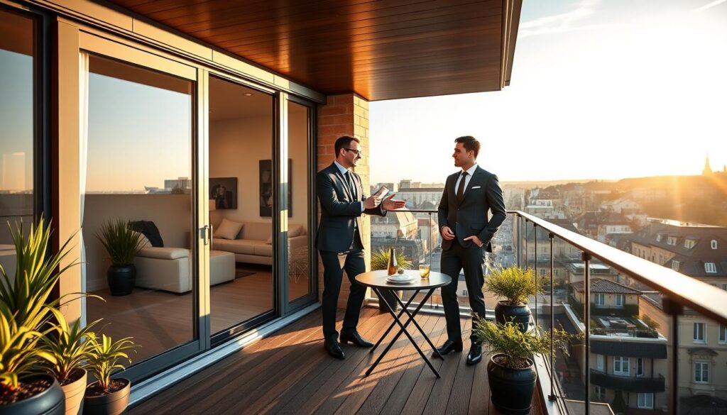 A modern apartment terrace in the heart of Caen, featuring a sleek, elegant design. In the foreground, a stylish wooden balcony adorned with potted plants and a small table set for two, inviting relaxation. In the middle, the glass doors of the apartment reflect natural light, showcasing a minimalist, upscale interior with tasteful decor. The background highlights the vibrant cityscape of Caen, including charming Normandy architecture, bustling streets, and the distant silhouette of historical buildings. Soft golden hour lighting bathes the scene, creating a warm, inviting atmosphere. A professional real estate agent, dressed in smart business attire, engages with clients on the terrace, representing "Les BonsBiens Agence Immo Caen." The image captures the essence of luxurious urban living, emphasizing high-end amenities and lifestyle. A modern apartment terrace in the heart of Caen, featuring a sleek, elegant design. In the foreground, a stylish wooden balcony adorned with potted plants and a small table set for two, inviting relaxation. In the middle, the glass doors of the apartment reflect natural light, showcasing a minimalist, upscale interior with tasteful decor. The background highlights the vibrant cityscape of Caen, including charming Normandy architecture, bustling streets, and the distant silhouette of historical buildings. Soft golden hour lighting bathes the scene, creating a warm, inviting atmosphere. A professional real estate agent, dressed in smart business attire, engages with clients on the terrace, representing "Les BonsBiens Agence Immo Caen." The image captures the essence of luxurious urban living, emphasizing high-end amenities and lifestyle.