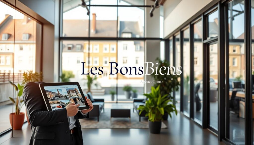 A modern, elegant real estate office in Caen, Normandy, with sleek architecture and large glass windows. In the foreground, a professional real estate agent, dressed in a tailored suit, is engaging with clients, showcasing a digital tablet displaying property listings. The middle ground features a stylish meeting area with contemporary furniture and vibrant potted plants. In the background, the view outside reveals beautiful Normandy architecture that reflects the region's charm. Soft, natural lighting filters through the large windows, creating an inviting atmosphere. The overall mood is professional and optimistic, emphasizing the concept of property estimation. The brand name "Les BonsBiens Agence Immo Caen" is subtly integrated into the design of the office space, reinforcing the theme of exclusive real estate services. A modern, elegant real estate office in Caen, Normandy, with sleek architecture and large glass windows. In the foreground, a professional real estate agent, dressed in a tailored suit, is engaging with clients, showcasing a digital tablet displaying property listings. The middle ground features a stylish meeting area with contemporary furniture and vibrant potted plants. In the background, the view outside reveals beautiful Normandy architecture that reflects the region's charm. Soft, natural lighting filters through the large windows, creating an inviting atmosphere. The overall mood is professional and optimistic, emphasizing the concept of property estimation. The brand name "Les BonsBiens Agence Immo Caen" is subtly integrated into the design of the office space, reinforcing the theme of exclusive real estate services.