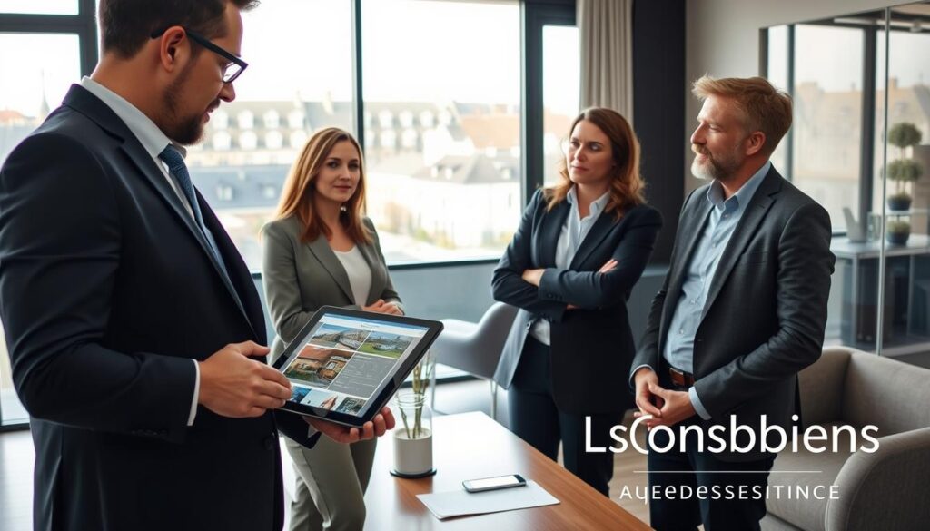 A modern real estate agency scene set in Caen, Normandy, featuring a professional real estate agent and clients engaged in a personalized consultation. In the foreground, show the agent in a smart business suit, gesturing towards property listings displayed on a tablet. The clients, dressed in casual yet professional attire, are attentively listening, displaying expressions of interest. In the middle ground, a stylish office space with contemporary design elements, including large windows bringing in natural light, showcasing local architecture through the glass. In the background, a panoramic view of Normandy's historical buildings. The atmosphere should be warm and inviting, conveying professionalism and trust. Include branding elements subtly that represent "Les BonsBiens Agence Immo Caen". Soft lighting and a slight depth of field to create focus on the interaction. A modern real estate agency scene set in Caen, Normandy, featuring a professional real estate agent and clients engaged in a personalized consultation. In the foreground, show the agent in a smart business suit, gesturing towards property listings displayed on a tablet. The clients, dressed in casual yet professional attire, are attentively listening, displaying expressions of interest. In the middle ground, a stylish office space with contemporary design elements, including large windows bringing in natural light, showcasing local architecture through the glass. In the background, a panoramic view of Normandy's historical buildings. The atmosphere should be warm and inviting, conveying professionalism and trust. Include branding elements subtly that represent "Les BonsBiens Agence Immo Caen". Soft lighting and a slight depth of field to create focus on the interaction.