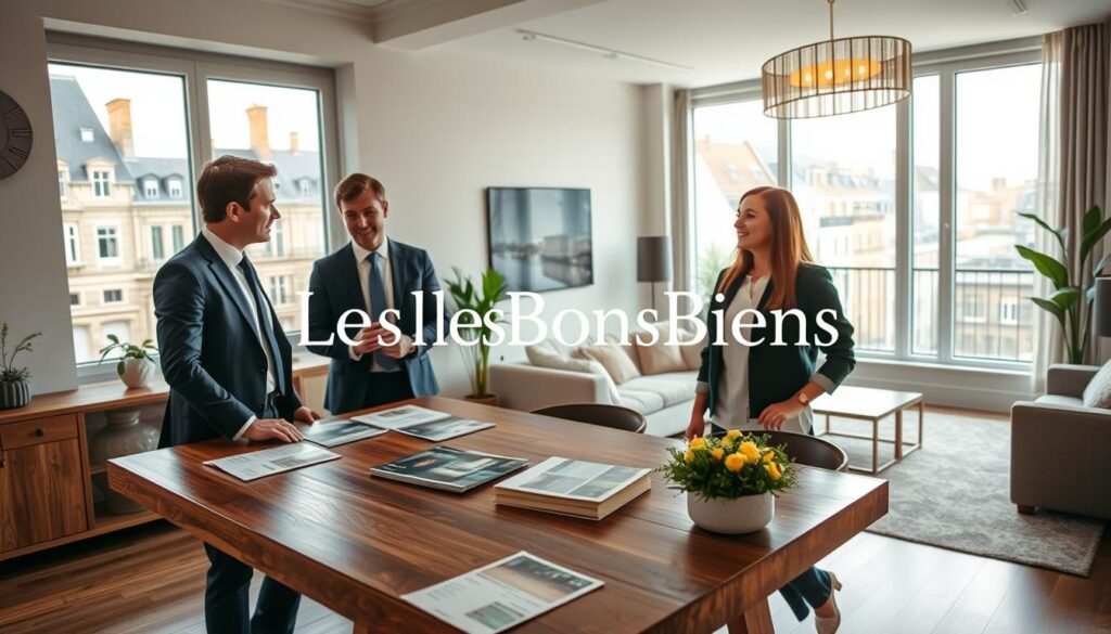 A modern real estate agency scene set in Caen, showcasing the architectural beauty of Normandy. In the foreground, a professional real estate agent in smart attire is engaged in conversation with a couple, who appear interested and eager. They are discussing property options over an elegant wooden table, with property listings and brochures displayed neatly. The middle ground features an inviting apartment's interior, showcasing a stylish living room with contemporary furnishings and large windows offering natural light. In the background, a glimpse of historical Normandy architecture can be seen through the window, blending tradition with modernity. Soft, warm lighting creates an optimistic and welcoming atmosphere. The branding "Les BonsBiens Agence Immo Caen" is subtly integrated into the scene without text overlays. A modern real estate agency scene set in Caen, showcasing the architectural beauty of Normandy. In the foreground, a professional real estate agent in smart attire is engaged in conversation with a couple, who appear interested and eager. They are discussing property options over an elegant wooden table, with property listings and brochures displayed neatly. The middle ground features an inviting apartment's interior, showcasing a stylish living room with contemporary furnishings and large windows offering natural light. In the background, a glimpse of historical Normandy architecture can be seen through the window, blending tradition with modernity. Soft, warm lighting creates an optimistic and welcoming atmosphere. The branding "Les BonsBiens Agence Immo Caen" is subtly integrated into the scene without text overlays.