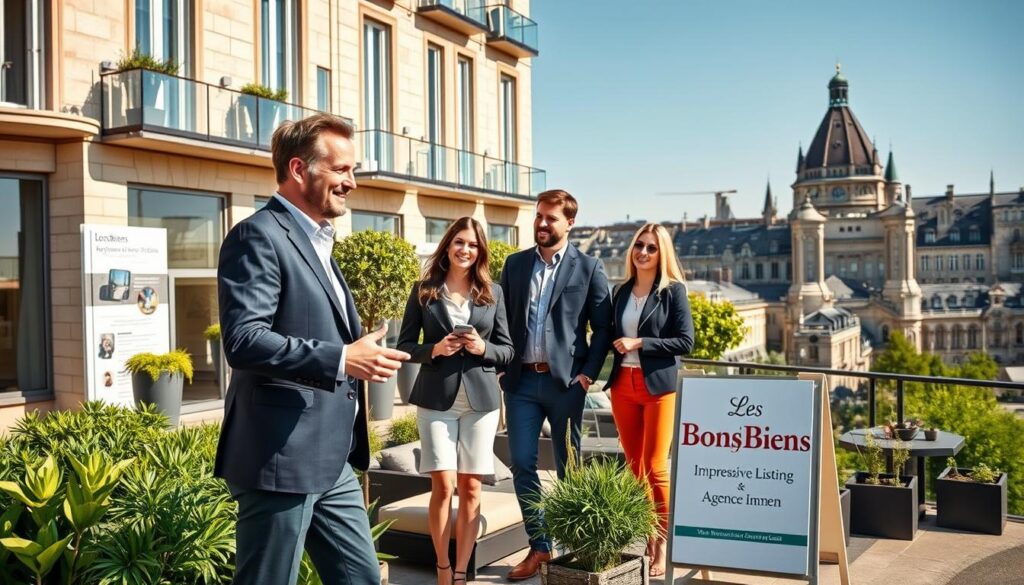 A modern real estate agent in a professional business outfit engages with clients in front of an elegant, contemporary building representative of Caen's unique architecture. The foreground features the agent gesturing towards an impressive apartment listing, with a friendly smile, while the clients, dressed in smart casual attire, show interest and enthusiasm. In the middle ground, lush greenery and tasteful urban furnishings enhance the inviting atmosphere, symbolizing a vibrant community. The background captures a panoramic view of Caen's historic skyline, merging traditional and modern elements under a clear blue sky. The scene is illuminated by warm, natural lighting, evoking optimism and opportunity. The brand name "Les BonsBiens Agence Immo Caen" subtly appears on a signboard nearby, reinforcing the professional context.