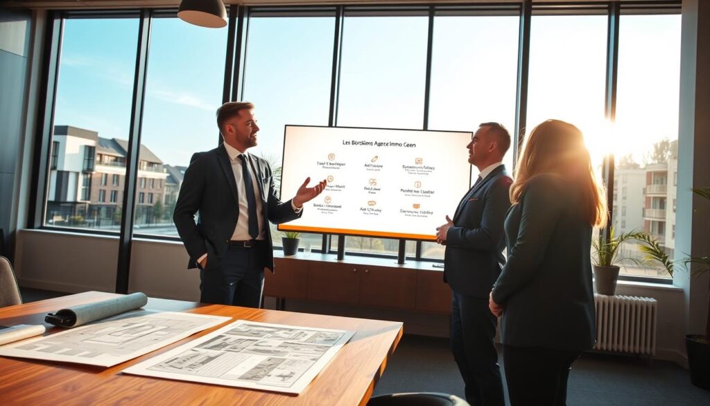 A modern real estate agent in professional attire is engaged in a consultation with clients, standing in a stylish, well-lit office space that reflects the architecture of Caen, Normandy. The foreground features a sleek wooden desk with architectural plans and property brochures spread out, while the middle section showcases the agent gesturing toward a vibrant digital screen displaying the services offered by "Les BonsBiens Agence Immo Caen." In the background, large windows offer a view of contemporary buildings, basking in soft, natural light. The atmosphere is warm and welcoming, conveying a sense of personalized service and professionalism in real estate. The angle is slightly elevated, focusing on the interaction and the dynamic environment of modern property brokerage.
