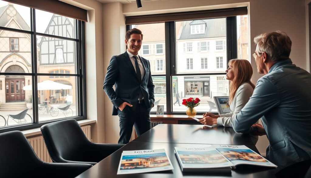 A modern real estate agent in professional attire stands confidently in an elegant office setting, engaging with clients over a stylish conference table. The backdrop features large windows showcasing the charming architecture of Caen, Normandy, with cobblestone streets and historic buildings visible outside. The room is well-lit by natural sunlight, creating a warm and inviting atmosphere. In the foreground, displayed on the table, are brochures highlighting properties, arranged neatly, with the branding "Les BonsBiens Agence Immo Caen" subtly incorporated. The mood conveys a sense of professionalism and local expertise, emphasizing the importance of understanding the local market. Capture this scene with a slightly elevated angle to provide depth and context, ensuring clarity and focus on the interaction.