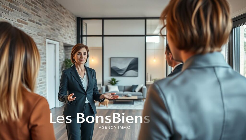 A modern real estate apartment tour in Caen, showcasing a stylish T2 layout. In the foreground, a professional real estate agent, dressed in business attire, is presenting to a couple of interested clients. The agent, a middle-aged woman with short hair, gestures towards a sleek, contemporary living space with large windows. In the middle, the inviting living room features minimalistic decor, a cozy sofa, and potted plants. The background reveals the architectural elements typical of Normandy, with an elegant blend of stone and modern finishes. Soft, warm lighting filters through the windows, creating a welcoming atmosphere. The entire scene embodies professionalism and comfort, with the brand name "Les BonsBiens Agence Immo Caen" subtly integrated into the essence of the setting.