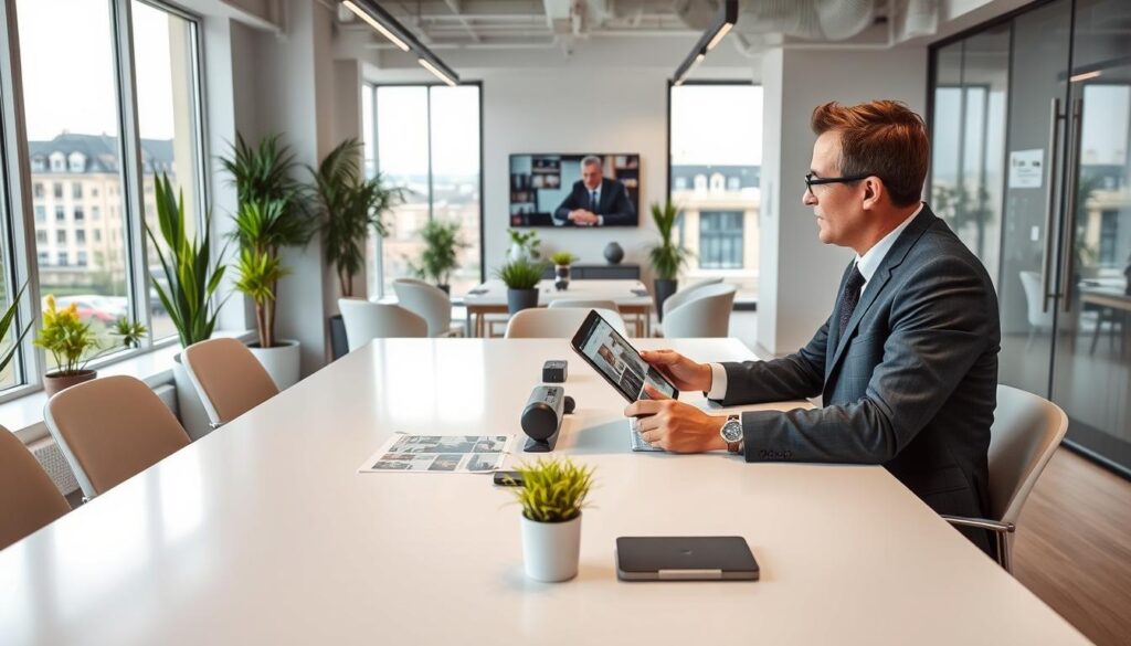 A modern real estate office for "Les BonsBiens Agence Immo Caen" in a contemporary architectural style, featuring a digital workspace filled with high-tech tools and gadgets. In the foreground, a professional real estate agent in smart business attire is engaged in a discussion with clients at a sleek conference table, showcasing documents and a tablet displaying property listings. The middle ground shows a vibrant, well-organized office decorated with indoor plants and a large window allowing natural light to flood the space. The background features a cityscape view of Caen, with Normandy’s distinctive architecture. Soft yet bright lighting enhances the welcoming atmosphere, creating a sense of professionalism and expertise in digital services.