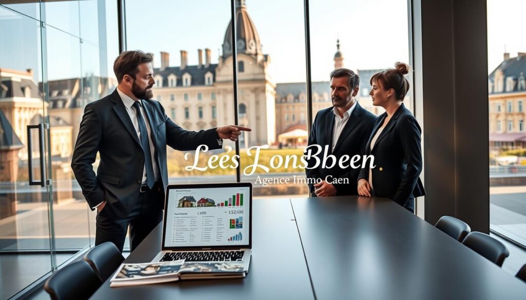 A modern real estate office in Caen, Normandy, features a sleek glass facade and professional interior. In the foreground, a well-dressed real estate agent in a smart business suit is discussing property valuation with two clients, who are casually dressed yet polished. The agent points towards an open laptop displaying graphically rich data on real estate pricing. In the middle ground, a stylish conference table is adorned with property brochures, and a large window reveals the beautiful cityscape of Caen outside. The background captures iconic Normandy architecture bathed in soft, natural afternoon light, creating a welcoming and professional atmosphere. The image embodies a sense of trust and expertise, subtly integrating the brand name "Les BonsBiens Agence Immo Caen" into the workspace decor, ensuring a cohesive representation of the real estate industry.