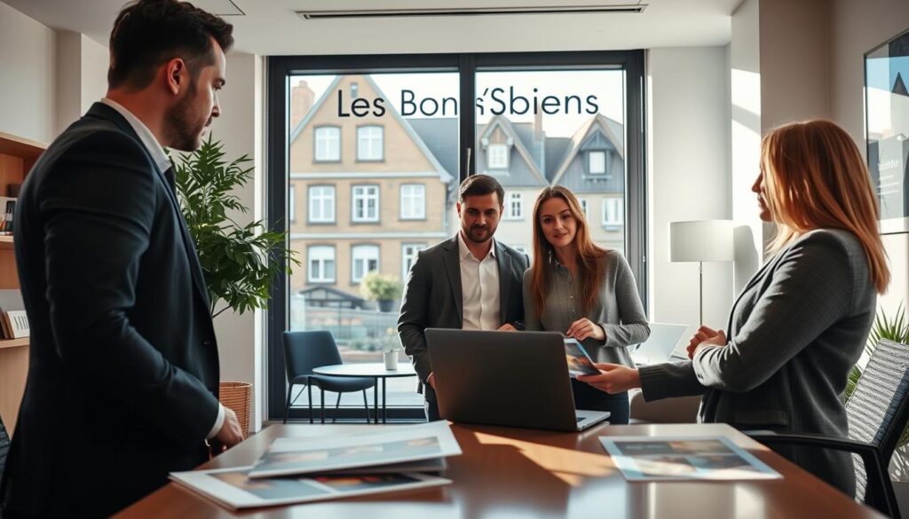 A modern real estate office in Caen, Normandy, featuring a professional real estate agent engaged in a consultation with a couple, showcasing a warm and welcoming atmosphere. The agent is dressed in smart business attire, displaying professionalism and expertise. In the foreground, a stylish desk with property brochures and a laptop is visible, while in the middle, a large window offers a view of traditional Normandy architecture, blending with contemporary design elements. The background includes a subtle display of "Les BonsBiens Agence Immo Caen" branding, enhancing the focus on real estate services. The lighting is soft and natural, casting gentle shadows, creating a calm and inviting mood. The camera angle is slightly tilted, offering an engaging perspective without clutter.