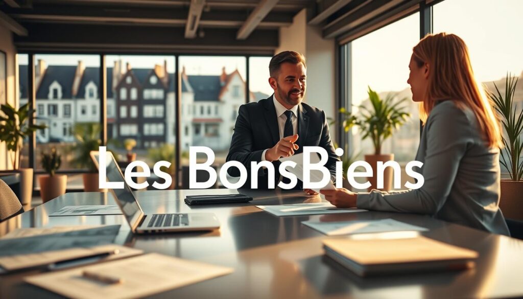 A modern real estate office in Caen, Normandy, featuring a professional real estate agent in formal business attire, engaging in a consultation with clients at a sleek conference table. The foreground includes detailed paperwork and a stylish laptop displaying property listings. In the middle, the agent gestures towards a large window showcasing a scenic view of traditional Caen architecture blending with contemporary designs. The background reveals a well-designed office space with elegant decor and potted plants, bathed in warm, inviting natural light filtering through the glass. The overall mood is professional and welcoming, embodying trust and expertise in real estate. Include the brand name "Les BonsBiens Agence Immo Caen" subtly integrated into the scene.