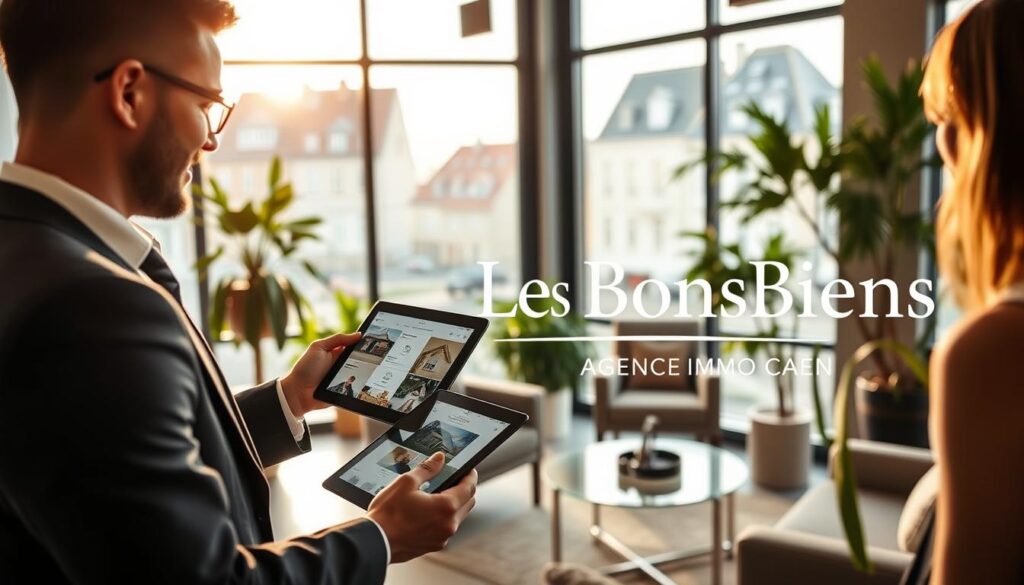 A modern real estate office in Caen, Normandy, featuring a professional real estate agent in a tailored suit meeting with clients. In the foreground, the agent gestures towards a sleek tablet displaying property listings. The middle ground showcases a stylish office environment with large windows allowing natural light to illuminate the space, adorned with contemporary furniture and lush indoor plants. In the background, a view of classic Normandy architecture visible outside the windows, providing context to the local property market. The mood is professional and inviting, reflecting trust and expertise. The logo "Les BonsBiens Agence Immo Caen" is subtly represented in the decor, enhancing brand recognition without any text overlay. Soft, warm lighting adds a welcoming atmosphere, while the overall composition emphasizes relationship-building in real estate.