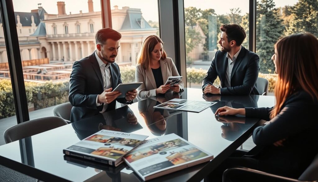 A modern real estate office in Caen, Normandy, featuring a professional real estate agent in a sleek business suit engaging with young clients at a contemporary conference table. The foreground shows the agent confidently presenting property listings on a digital tablet, while the clients are attentively listening, showcasing an atmosphere of trust and collaboration. In the middle ground, elegant real estate brochures depicting local T2 properties are neatly arranged. The background features large windows with a view of Caen’s historic architecture and lush greenery, bathed in warm, natural light from a bright afternoon sun. The image should embody a professional and inviting mood, representing “Les Bons Biens Agence Immo Caen” seamlessly in the office decor without any text overlays.