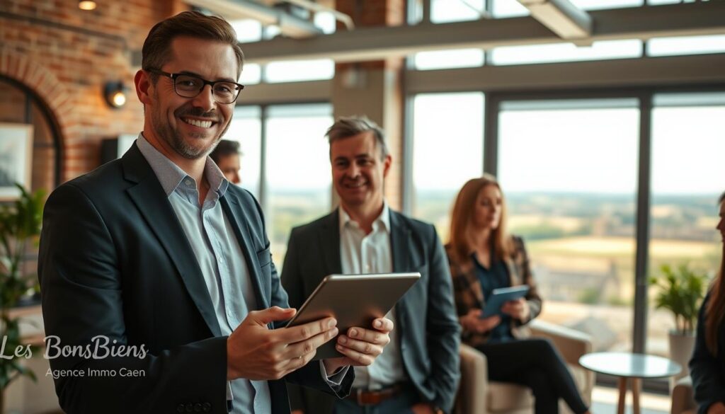 A modern real estate office in Caen, Normandy, showcasing a professional real estate agent in formal business attire engaging with a diverse group of clients in a warm, inviting atmosphere. The foreground features the agent smiling confidently while presenting property details on a sleek tablet. The middle section includes stylish architectural elements typical of Caen, like charming brick facades and large windows letting in soft, natural light. In the background, a glimpse of the scenic Normandy landscape can be seen through the office windows, enhancing the locale’s appeal. The overall mood is optimistic and professional, reflecting trust and expertise in real estate estimation. Include the brand name "Les BonsBiens Agence Immo Caen" subtly integrated into the office decor, without any text overlays.