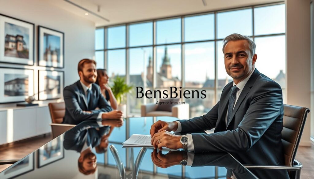 A modern real estate office in Caen, Normandy, showcasing a professional real estate agent in a sleek suit meeting with two clients at a stylish glass table. The foreground features detailed expressions of engagement and interest on the clients' faces, reflecting a strong focus on property discussions. In the middle ground, display the elegant interior of the agency, adorned with contemporary furniture and framed images of local properties on the walls. The background reveals large windows with a view of historic Normandy architecture and a clear blue sky. Soft, natural light floods the scene, creating a warm and inviting atmosphere that conveys professionalism and trust. Include the brand name "Les BonsBiens Agence Immo Caen" subtly integrated into the office decor, without any textual overlays.