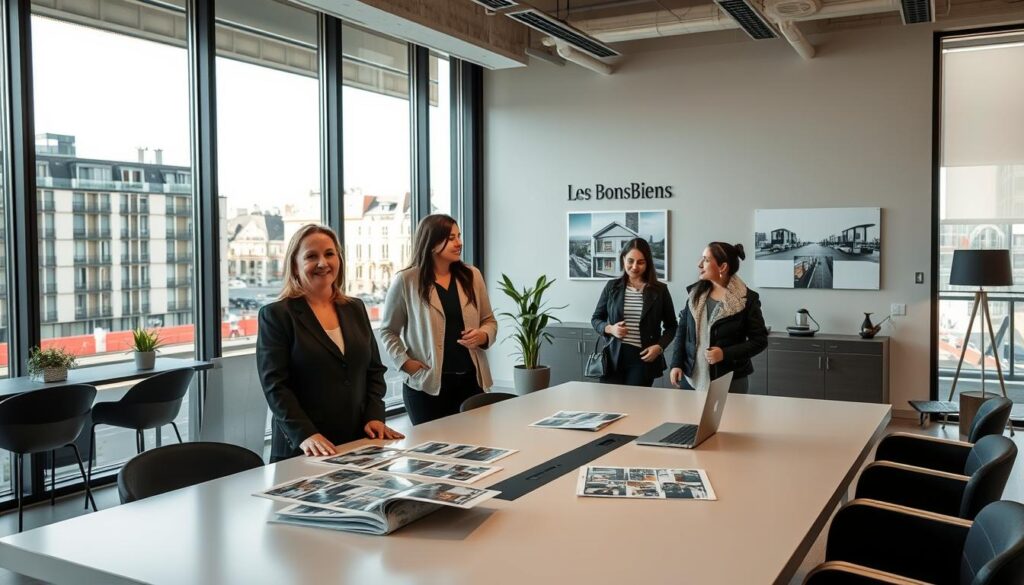 A modern real estate office in Caen, Normandy, showcasing contemporary architecture with large glass windows. In the foreground, a professional real estate agent in business attire, a middle-aged woman with a friendly expression, is attentively discussing property options with a diverse couple wearing smart casual clothing. The atmosphere is warm and inviting, with natural light illuminating the scene, creating a welcoming ambiance. In the middle, a sleek, large table displays property brochures and a laptop, suggesting an active, professional environment. In the background, a vibrant cityscape of Caen can be seen through the windows, hinting at various apartment listings. Display the brand name "Les BonsBiens Agence Immo Caen" subtly on a sign on the office wall. The image should convey a sense of personalized guidance and expert advice in real estate.