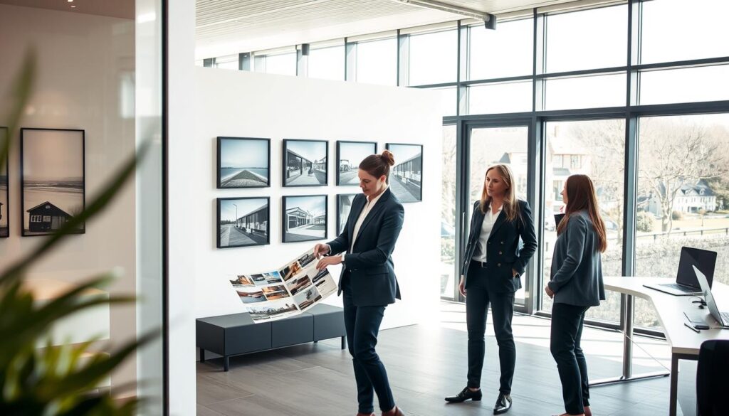 A modern real estate office in Caen, Normandy, showcasing contemporary architecture, with large windows revealing a bright and inviting interior. In the foreground, a professional real estate agent in business attire is engaged in conversation with two clients, discussing property details. The agent gestures toward a stylish brochure displaying various properties. In the background, there's a wall with elegant framed photos of local real estate listings and a sleek desk with a laptop, creating a professional atmosphere. Soft, natural light streams through the windows, casting a warm glow over the scene. The mood is friendly and inviting, emphasizing the personal touch of consultation and free property estimation by "Les BonsBiens Agence Immo Caen."