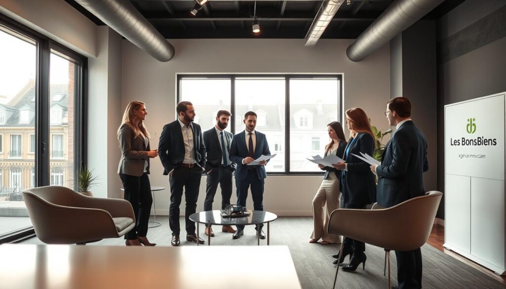 A modern real estate office in Caen, Normandy, showcasing professional real estate agents in business attire engaged in a strategic meeting with clients. In the foreground, a diverse group of clients consults with an agent, reviewing documents about apartment evaluations. The middle ground features sleek office furniture, a large window allowing natural light to flood the room, and a backdrop of Caen's characteristic architecture visible outside. The atmosphere is collaborative and professional, emphasizing expertise and support. Soft, warm lighting creates an inviting ambiance. The agency's branding, "Les BonsBiens Agence Immo Caen," is subtly represented in the office decor. Capture this scene from a slightly elevated angle to highlight the interaction and layout.