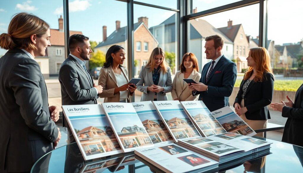A modern real estate office in Caen, Normandy, showcasing sleek architecture with large windows. In the foreground, a professional real estate agent in business attire is attentively engaging with a diverse group of clients, discussing property options on a digital tablet. In the middle ground, several stylish brochures of properties from "Les BonsBiens Agence Immo Caen" are neatly arranged on a glass table, illustrating various listings. The background features a view of charming Calvados streets with traditional Normandy houses and lush greenery, bathed in warm daylight. The atmosphere is friendly and welcoming, emphasizing a sense of trust and professionalism in real estate dealings. The shot is taken with a 35mm lens, providing a balanced perspective that highlights the interaction and environment.