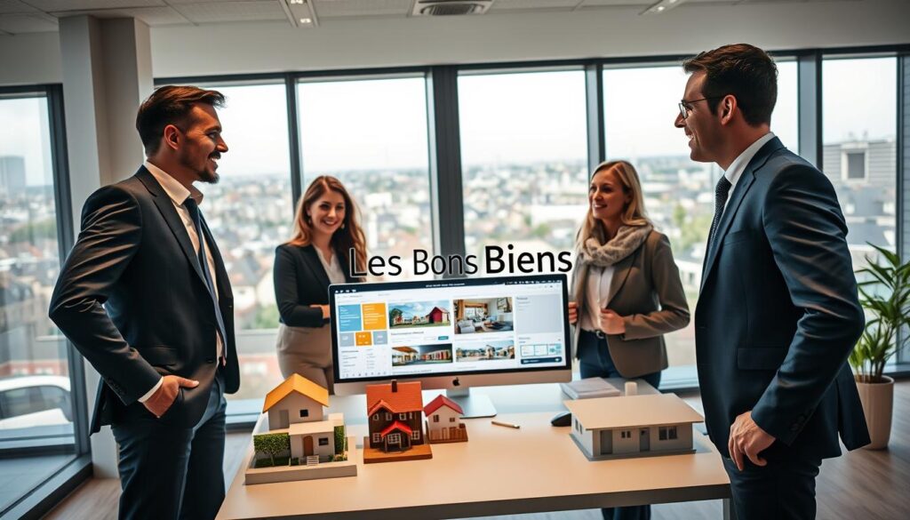A modern real estate office in Caen, Normandy, showcasing sleek architecture. In the foreground, a professional real estate agent, dressed in a smart suit, is energetically discussing with a couple of clients, who are casually dressed but presentable, portraying a sense of trust and engagement. The middle includes a desk with a computer displaying property listings and estimation tools, surrounded by a few architectural models of homes. In the background, large windows reveal a view of urban Normandy, with a vibrant city atmosphere. Soft, natural lighting filters through, creating a welcoming and professional ambiance. The logo "Les BonsBiens Agence Immo Caen" is subtly integrated into the office decor. The overall mood is optimistic and supportive, focusing on personal guidance in property estimation.