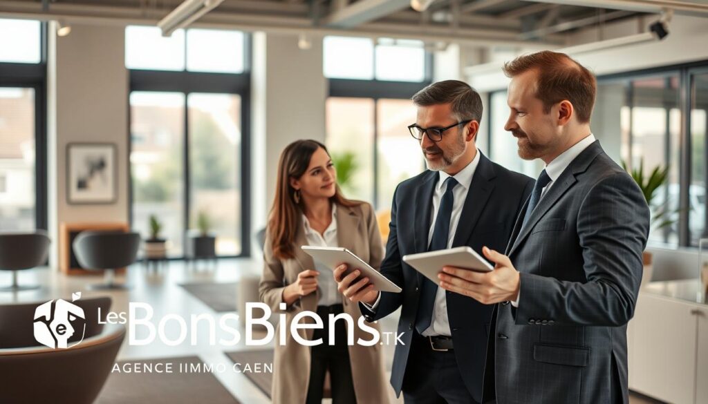 A modern real estate office in Caen, featuring contemporary Normandy architecture. In the foreground, a professional real estate agent in a tailored suit is engaged in a friendly conversation with a couple, who appear interested and attentive. The agent is presenting a digital tablet showing property listings, emphasizing personalized assistance and guidance. The middle ground includes sleek office furniture and stylish decor, reflecting a welcoming and professional atmosphere. In the background, large windows allow natural light to fill the space, highlighting the agent and clients. The overall mood conveys trust and professionalism, perfect for the theme of "Estimation Gratuite et Accompagnement Personnalisé." Include the brand name "Les BonsBiens Agence Immo Caen" subtly integrated into the office design, avoiding any text overlays.