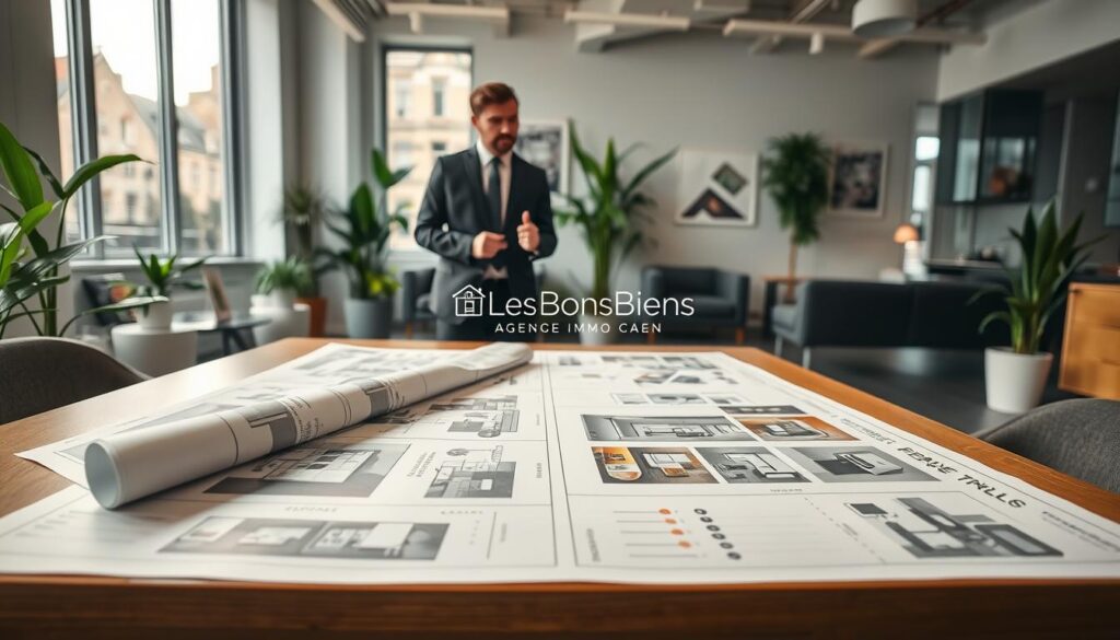 A modern real estate office in Caen, showcasing a professional real estate agent in business attire, discussing apartment features with clients. In the foreground, a large table filled with apartment blueprints, visual charts of surface areas (measured in square meters), and images of modern kitchen and living room equipment. The middle ground features a welcoming office space with contemporary furniture, vibrant indoor plants, and large windows letting in natural light. The background reveals recognizable elements of Normandy architecture through a window. The lighting is bright and inviting, with a focus on creating a collaborative atmosphere. Capture the essence of professionalism and the detailed criteria of choosing an apartment. Include the brand name "Les BonsBiens Agence Immo Caen" subtly integrated into the scene.
