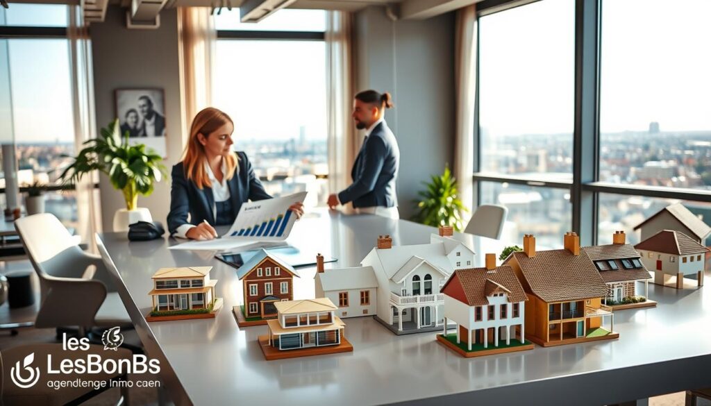 A modern real estate office in Caen, showcasing a vibrant comparison of apartment and house prices. In the foreground, a professional real estate agent dressed in business attire engages with clients at a sleek table, displaying charts and graphs illustrating pricing differences. In the middle ground, various architectural models of properties represent the diversity of real estate options—stylish apartments and elegant houses typical of Normandy's architecture. The background features large windows letting in natural light, revealing a panoramic view of Caen's skyline. The atmosphere is busy yet inviting, emphasizing professionalism and collaboration in the real estate sector. Include branding for "Les BonsBiens Agence Immo Caen" subtly integrated into the workspace decor, ensuring a cohesive presentation.