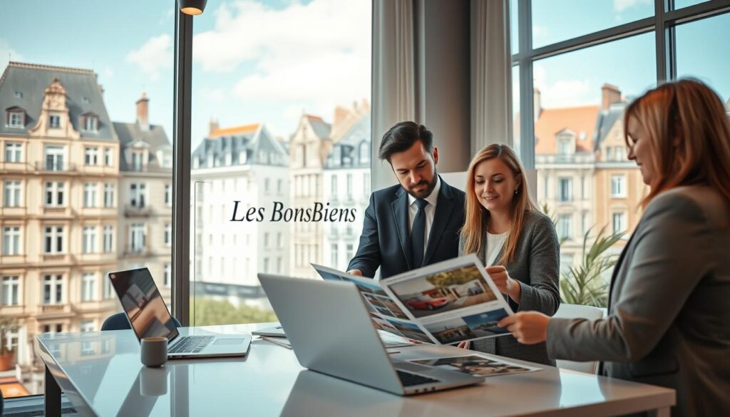 A modern real estate office in Caen, showcasing elegant Normandy architecture, with a real estate agent in professional attire engaging with two clients over a detailed property brochure. The foreground features a contemporary desk with laptops and property listings, while the middle ground includes large windows allowing natural light to flood in, illuminating the atmosphere. The background showcases a picturesque view of classic Caen buildings. The scene is vibrant and inviting, capturing the essence of investment opportunities in real estate. The lighting is warm and inviting, emphasizing professionalism and trust. Include a sign subtly displaying "Les BonsBiens Agence Immo Caen" in the background, blending seamlessly with the setting.