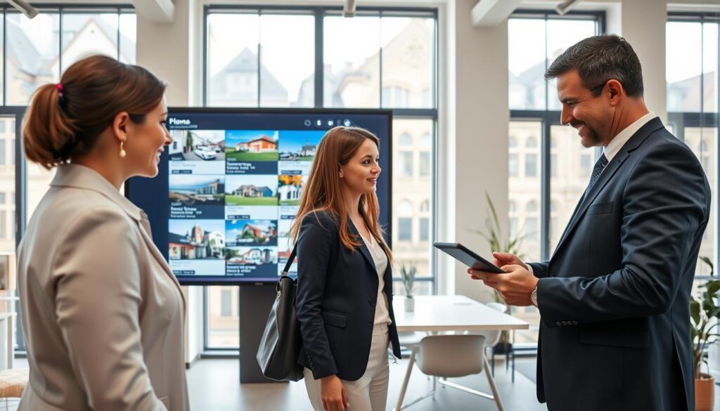 A modern real estate office in Caen, showcasing elegant Normandy architecture. In the foreground, a professional real estate agent in business attire is engaging with a young couple, discussing property listings on a tablet. The middle ground features a large screen displaying vibrant images of various properties for sale, with highlighted information about each listing. In the background, large windows allow natural light to flood the room, creating a warm and inviting atmosphere. The decor is sleek and minimalistic, with subtle touches of French charm. The image embodies a sense of professionalism and personalized service, emphasizing the brand "Les BonsBiens Agence Immo Caen". The overall mood conveys a sense of trust and excitement about finding the perfect home. A modern real estate office in Caen, showcasing elegant Normandy architecture. In the foreground, a professional real estate agent in business attire is engaging with a young couple, discussing property listings on a tablet. The middle ground features a large screen displaying vibrant images of various properties for sale, with highlighted information about each listing. In the background, large windows allow natural light to flood the room, creating a warm and inviting atmosphere. The decor is sleek and minimalistic, with subtle touches of French charm. The image embodies a sense of professionalism and personalized service, emphasizing the brand "Les BonsBiens Agence Immo Caen". The overall mood conveys a sense of trust and excitement about finding the perfect home.