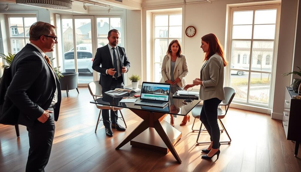 A modern real estate office in Caen, showcasing elegant Normandy architecture. In the foreground, a professional real estate agent in business attire is confidently discussing property details with two diverse clients, showcasing a collaborative atmosphere. The middle ground features a stylish meeting table adorned with property brochures and a laptop displaying listings. In the background, large windows let in soft, natural light, casting warm reflections on the polished floor, creating an inviting and sophisticated ambiance. The setting reflects the exclusive, tailored services provided by "Les BonsBiens Agence Immo Caen," emphasizing a personalized real estate experience. The overall mood is professional, friendly, and upscale, embodying trust and expertise in local real estate.
