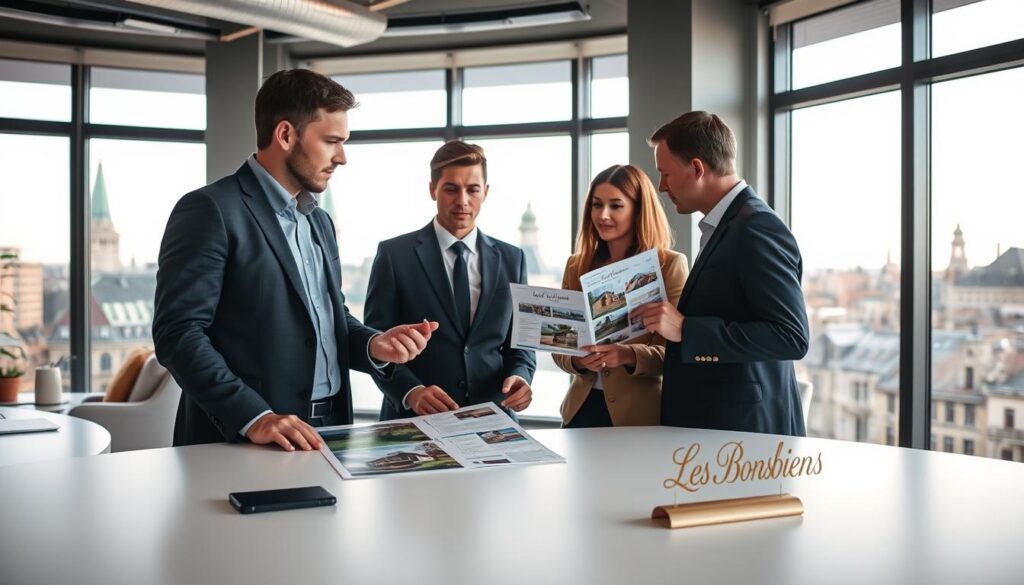 A modern real estate office in Caen, showcasing the unique Normandy architecture. In the foreground, a professional real estate agent in business attire is engaged in a discussion with two clients, gesturing toward a detailed property brochure. The middle ground features a sleek, well-organized office space with large windows letting in warm, natural light that creates a welcoming atmosphere. In the background, iconic Caen landmarks can be subtly seen through the windows, hinting at the local expertise of the agent. The mood conveys professionalism and personalized service. Emphasize the brand name "Les BonsBiens Agence Immo Caen" on an elegant sign on the side of the desk. Use a slightly elevated angle to capture the dynamic interaction and the inviting environment. A modern real estate office in Caen, showcasing the unique Normandy architecture. In the foreground, a professional real estate agent in business attire is engaged in a discussion with two clients, gesturing toward a detailed property brochure. The middle ground features a sleek, well-organized office space with large windows letting in warm, natural light that creates a welcoming atmosphere. In the background, iconic Caen landmarks can be subtly seen through the windows, hinting at the local expertise of the agent. The mood conveys professionalism and personalized service. Emphasize the brand name "Les BonsBiens Agence Immo Caen" on an elegant sign on the side of the desk. Use a slightly elevated angle to capture the dynamic interaction and the inviting environment.