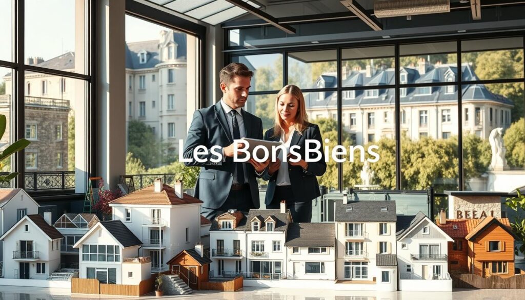 A modern real estate office in Caen, showcasing various types of properties, including apartments, houses, and commercial spaces, arranged aesthetically in the foreground. In the middle, a professional real estate agent, dressed in a smart business suit, engages with clients who are looking at property listings on a digital tablet. The background features elegant Normandy architecture, with a view of historically styled buildings and greenery. Soft daylight filters through large windows, casting warm shadows and creating a welcoming atmosphere. The scene conveys professionalism and trust in the real estate market. Include the brand name "Les BonsBiens Agence Immo Caen" subtly in the design elements. A modern real estate office in Caen, showcasing various types of properties, including apartments, houses, and commercial spaces, arranged aesthetically in the foreground. In the middle, a professional real estate agent, dressed in a smart business suit, engages with clients who are looking at property listings on a digital tablet. The background features elegant Normandy architecture, with a view of historically styled buildings and greenery. Soft daylight filters through large windows, casting warm shadows and creating a welcoming atmosphere. The scene conveys professionalism and trust in the real estate market. Include the brand name "Les BonsBiens Agence Immo Caen" subtly in the design elements.
