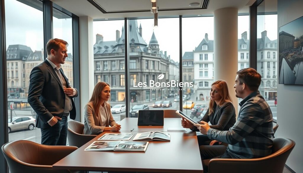 A modern real estate office in hyper-central Caen, Normandy, showcasing sleek architecture and contemporary design elements. In the foreground, a professional real estate agent in business attire is engaged in a discussion with two clients, who are attentively reviewing property options. They are seated around a stylish conference table adorned with a digital tablet and property brochures. In the middle ground, large windows reveal a bustling cityscape, highlighting the vibrant atmosphere of the area. The background features iconic Caen architecture, blending history with modernity. Soft, ambient lighting creates a welcoming and professional atmosphere, while a subtle logo of "Les BonsBiens Agence Immo Caen" is integrated into the office decor. The image conveys a sense of personalized support and expert advice in the real estate journey. A modern real estate office in hyper-central Caen, Normandy, showcasing sleek architecture and contemporary design elements. In the foreground, a professional real estate agent in business attire is engaged in a discussion with two clients, who are attentively reviewing property options. They are seated around a stylish conference table adorned with a digital tablet and property brochures. In the middle ground, large windows reveal a bustling cityscape, highlighting the vibrant atmosphere of the area. The background features iconic Caen architecture, blending history with modernity. Soft, ambient lighting creates a welcoming and professional atmosphere, while a subtle logo of "Les BonsBiens Agence Immo Caen" is integrated into the office decor. The image conveys a sense of personalized support and expert advice in the real estate journey.