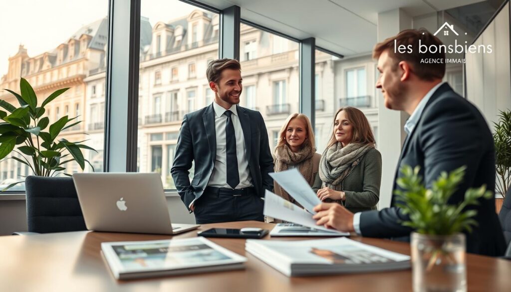 A modern real estate office in the heart of Caen, Normandy, featuring a professional real estate agent in smart business attire discussing property options with clients. The foreground shows a stylish desk with property brochures, a laptop, and a fresh plant. In the middle, the agent is engaged with a couple, who appear attentive and interested, reflecting a personalized approach to client service. The background showcases elegant architecture of Caen, with large windows allowing warm, natural light to flood the space, creating an inviting atmosphere. The mood is professional yet welcoming, emphasizing trust and expertise. Include a subtle logo of "Les BonsBiens Agence Immo Caen" in the corner, ensuring it complements the overall composition without overwhelming the image.