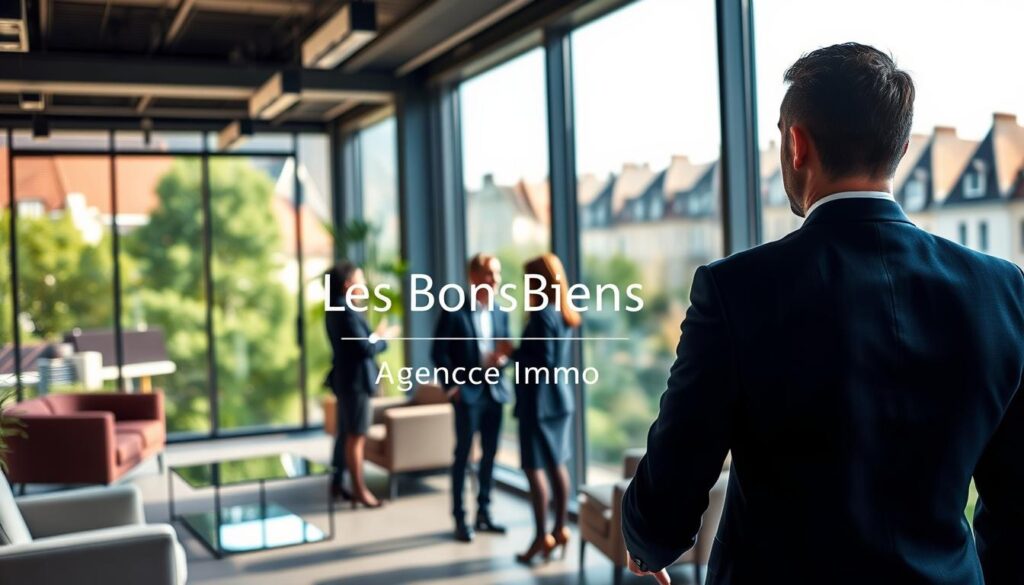 A modern real estate office in the heart of Caen, showcasing beautiful Normandy architecture. In the foreground, a professional real estate agent in a smart navy suit is engaged in a discussion with two clients, who are dressed in professional business attire. In the middle ground, an elegant office space with contemporary furniture, large windows allowing natural light to flood in, and lush greenery visible outside. The background features a panoramic view of historical buildings and the vibrant atmosphere of Calvados. The lighting is warm and inviting, capturing a sense of professionalism and local charm. Include a subtle branding element, "Les BonsBiens Agence Immo Caen," positioned within the scene, ensuring it harmonizes with the overall aesthetic without being intrusive.
