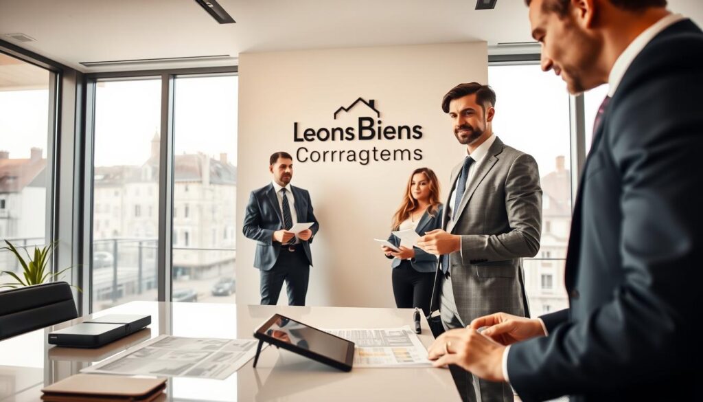 A modern real estate office interior, featuring a professional real estate agent in a sharp business suit, discussing property options with a couple looking to buy a home in Caen, Normandy. The foreground shows a sleek desk with property listings and tablet, while the middle displays a stylish wall with the logo “Les BonsBiens Agence Immo Caen.” In the background, large windows reveal a picturesque view of Normandy's charming architecture. Soft, warm lighting creates an inviting atmosphere, enhancing a sense of trust and professionalism. The angle is slightly elevated, capturing the dynamic interaction between the agent and clients, embodying the theme of property estimation and selection. The image is devoid of text overlays.